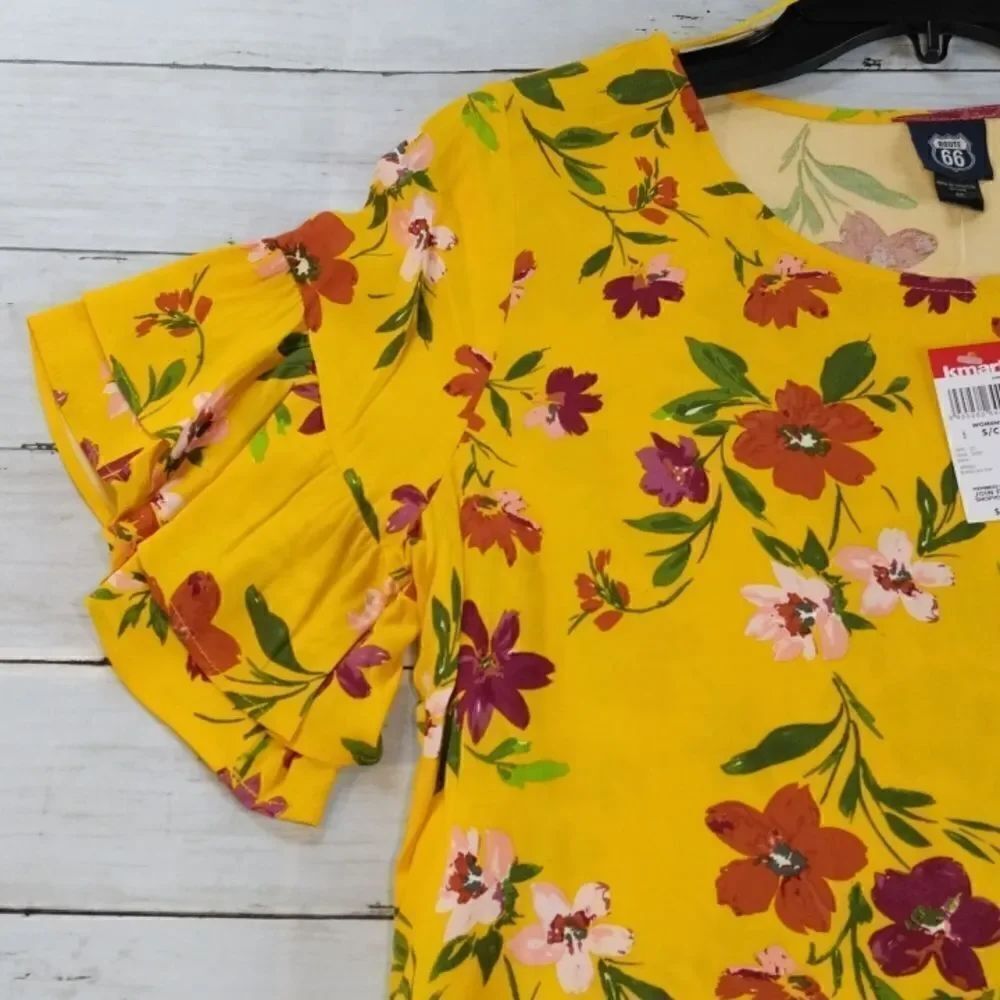 Women's Ruffled Sleeve Top Blouse Floral Print Shirt Size S